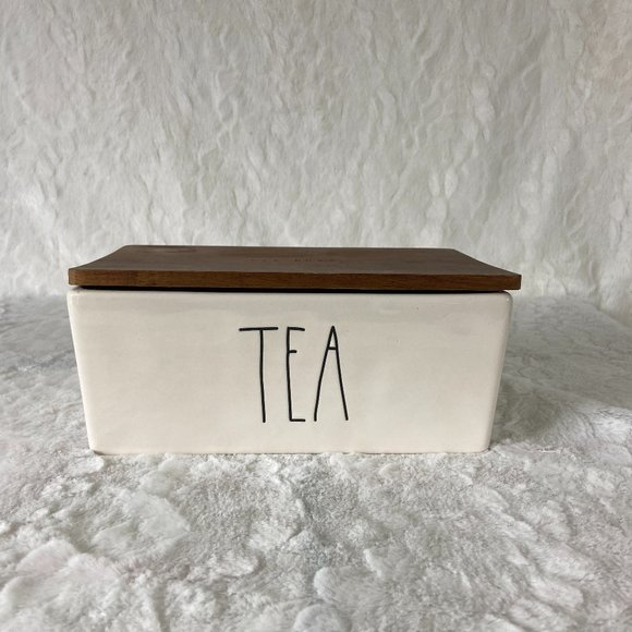 Rae Dunn Ceramic Divided Tea Bag Holder/Organizer with Wood Lid Rare find - Picture 1 of 10